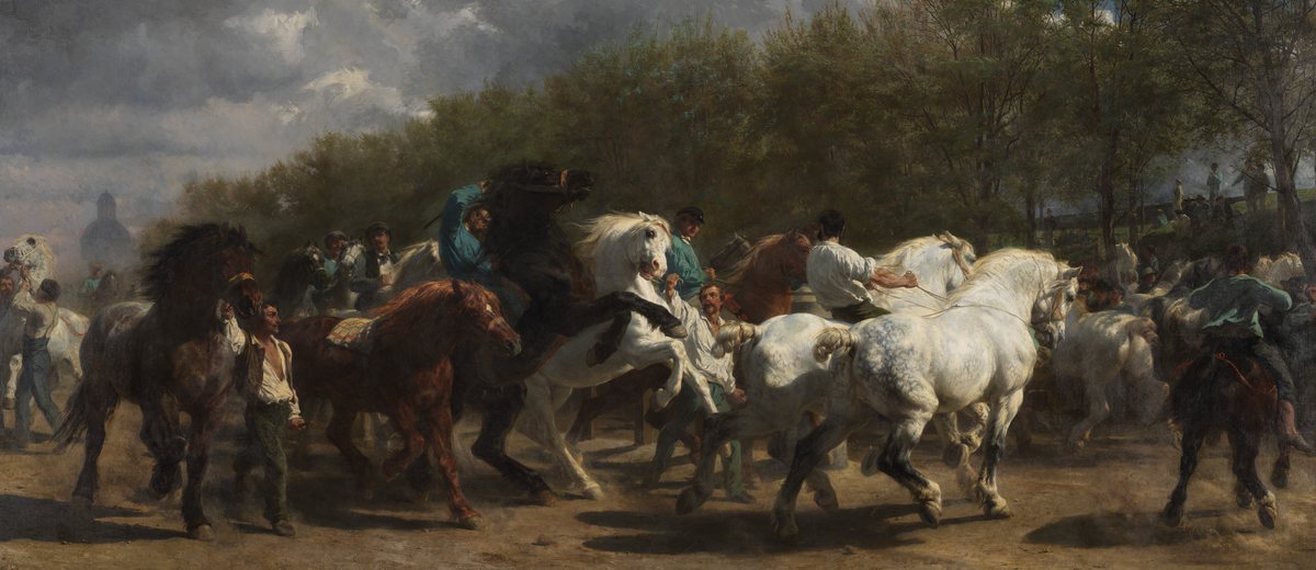 Detail from Rosa Bonheur's The Horse Fair, 1852-55, oil on canvas - a figurative painting in the public domain collection of The Metropolitan Museum of Art