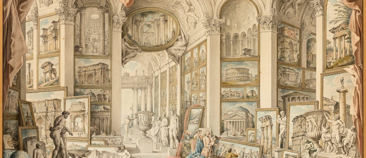 Detail from Picture Gallery with Views of Roma Antica, after Giovanni Paolo Panini - a painted gallery hung with framed views, Art Institute of Chicago