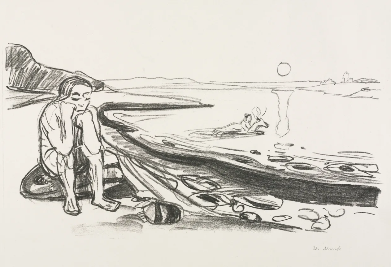 Edvard Munch, Alpha and Omega, Omega's Flight, 1908 to 1909, lithograph. Cleveland Museum of Art. Munch built a market through print editions and exhibitions across northern Europe in the same decades.