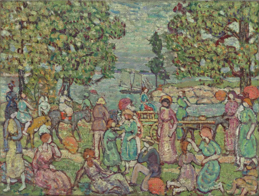 Maurice Prendergast, On the Beach, No. 3, around 1915 to 1918, oil on canvas. Cleveland Museum of Art. American painters absorbed French practice quickly once impressionist work was on regular view in New York.