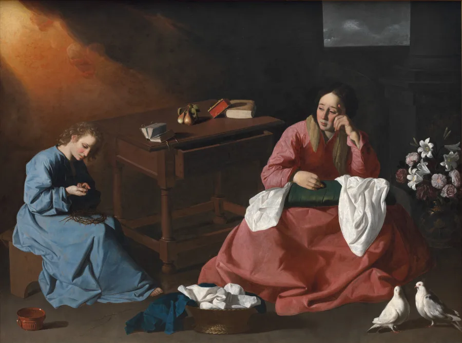 Francisco de Zurbarán, Christ and the Virgin in the House at Nazareth, around 1640, oil on canvas. Cleveland Museum of Art. Zurbarán treats a religious subject as a domestic interior, which is a genre decision as much as a devotional one.