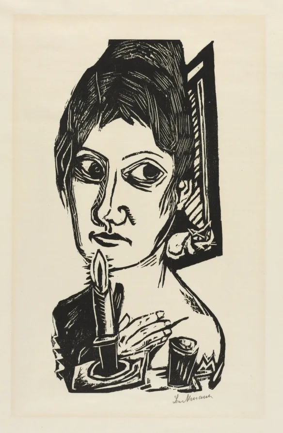 Max Beckmann, Woman with Candle, 1920, woodcut. Cleveland Museum of Art. Flat black shapes and hard contour remained standard equipment for European printmakers long after the first wave of Japanese imports.