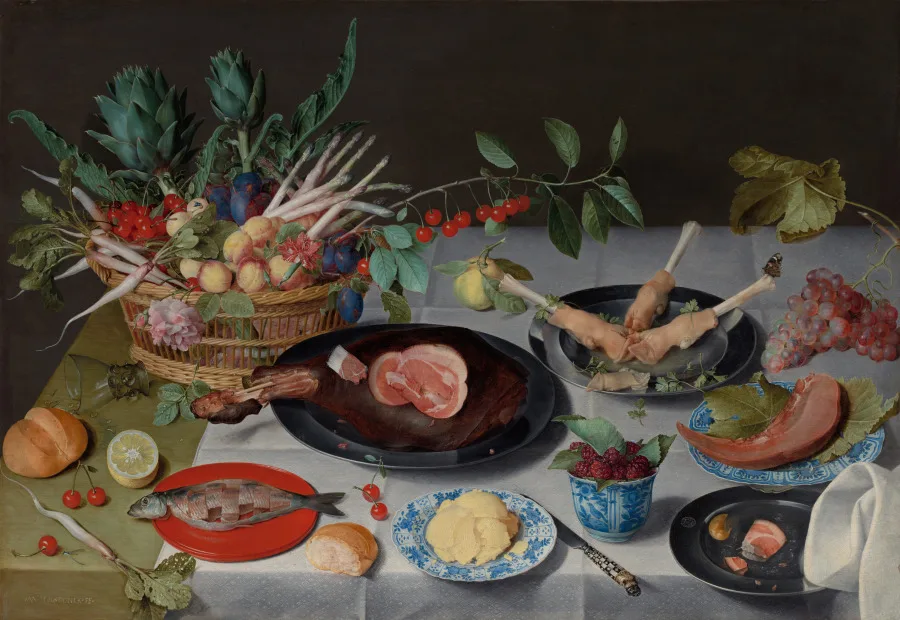 Jacob van Hulsdonck, Still Life with Meat, Fish, Vegetables, and Fruit, around 1615 to 1620, oil on panel. Cleveland Museum of Art. The reverse of the panel was prepared with gesso, a detail that helps place and date the picture.