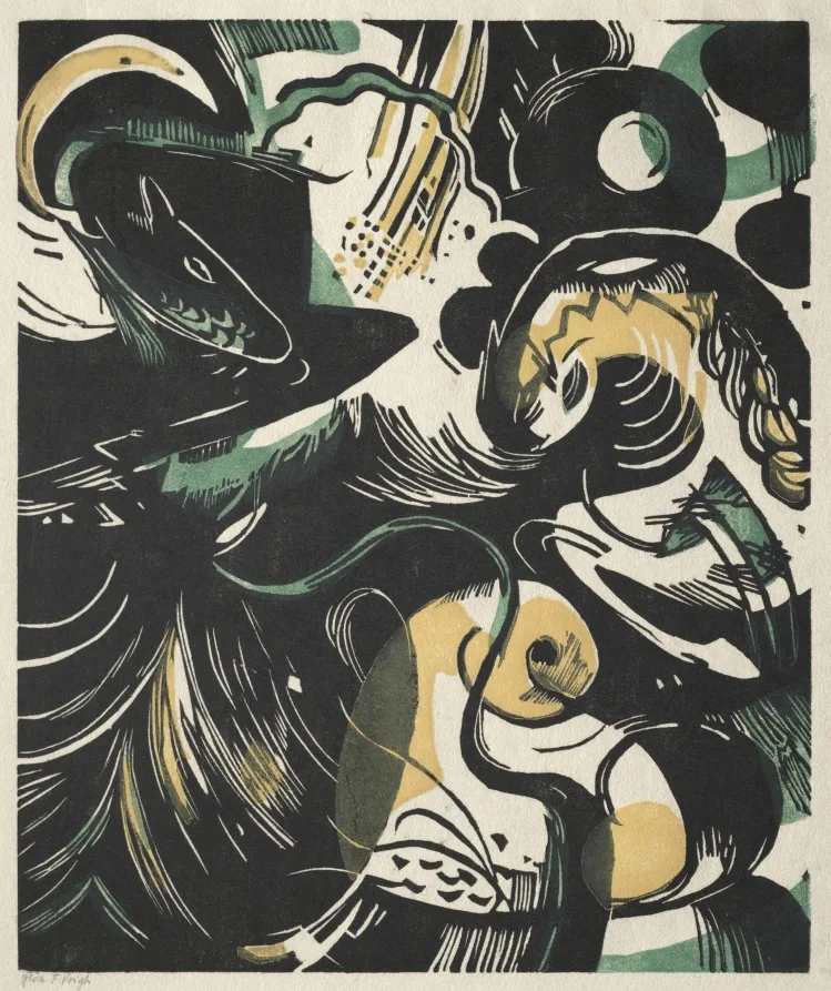 Franz Marc, Genesis II, 1914, color woodcut. Cleveland Museum of Art. Marc belonged to the German generation that inherited the flattened colour the 1901 Paris show had put back into circulation.
