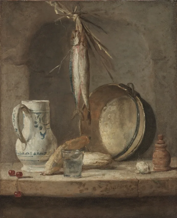 Jean-Siméon Chardin, Still Life with Herrings, around 1735, oil on canvas. Cleveland Museum of Art. Chardin built form from thick granular touches that resolve into objects only when you step back from the picture.
