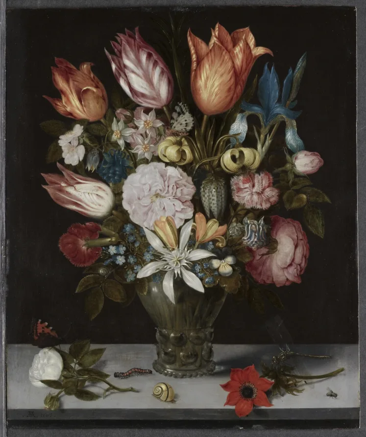 Ambrosius Bosschaert, Flowers in a Glass, 1606, oil on copper. Cleveland Museum of Art. Small, hard and precise work on a metal support, made for a domestic wall rather than for a public room.