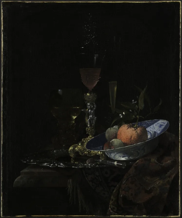 Willem Kalf, Wineglass and a Bowl of Fruit, 1663, oil on canvas. Cleveland Museum of Art. Kalf remains the reference point dealers reach for whenever a painter handles glass and polished metal well.