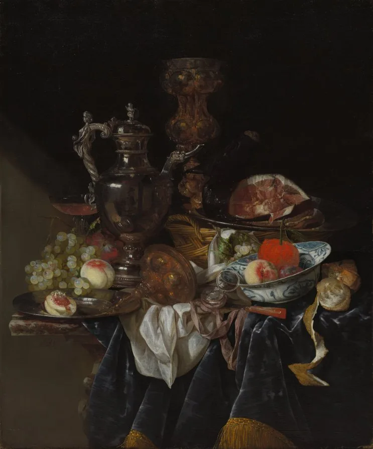 Abraham van Beyeren, Silver Wine Jug, Ham, and Fruit, around 1660 to 1666, oil on canvas. Cleveland Museum of Art. The luxury still life gave costly objects the attention that contemporary painters now give to ordinary packaging.