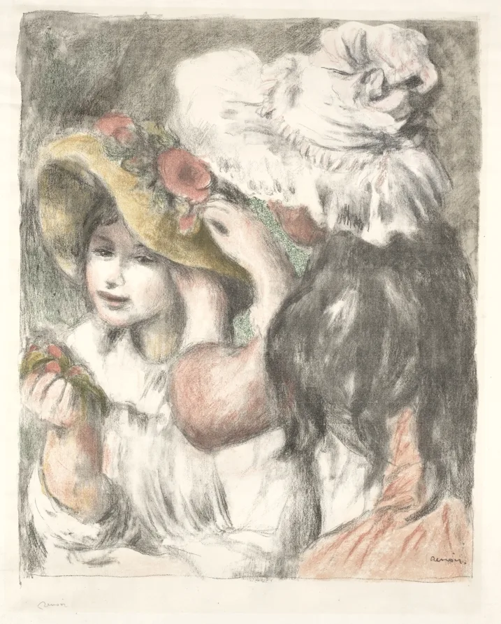 Pierre-Auguste Renoir, Pinning the Hat, 1898, color lithograph. Cleveland Museum of Art. Paris print shops were turning out colour lithographs at scale in the years around the fair.
