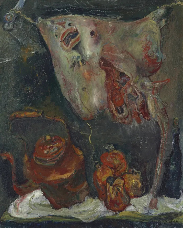 Chaïm Soutine, Still Life with Rayfish, 1923, oil on canvas. Cleveland Museum of Art. The paint stands off the canvas and the edges dissolve into the ground, two signals that place this a long way from any realist tradition.