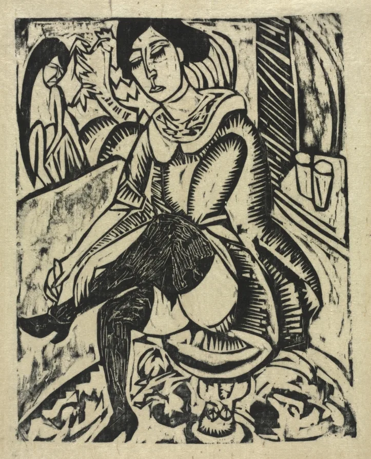 Ernst Ludwig Kirchner, Woman Putting on Her Shoes, 1912, woodcut. Cleveland Museum of Art. The revival of the woodcut in Europe owed its flat colour and hard contour to Japanese sheets that had circulated for fifty years.