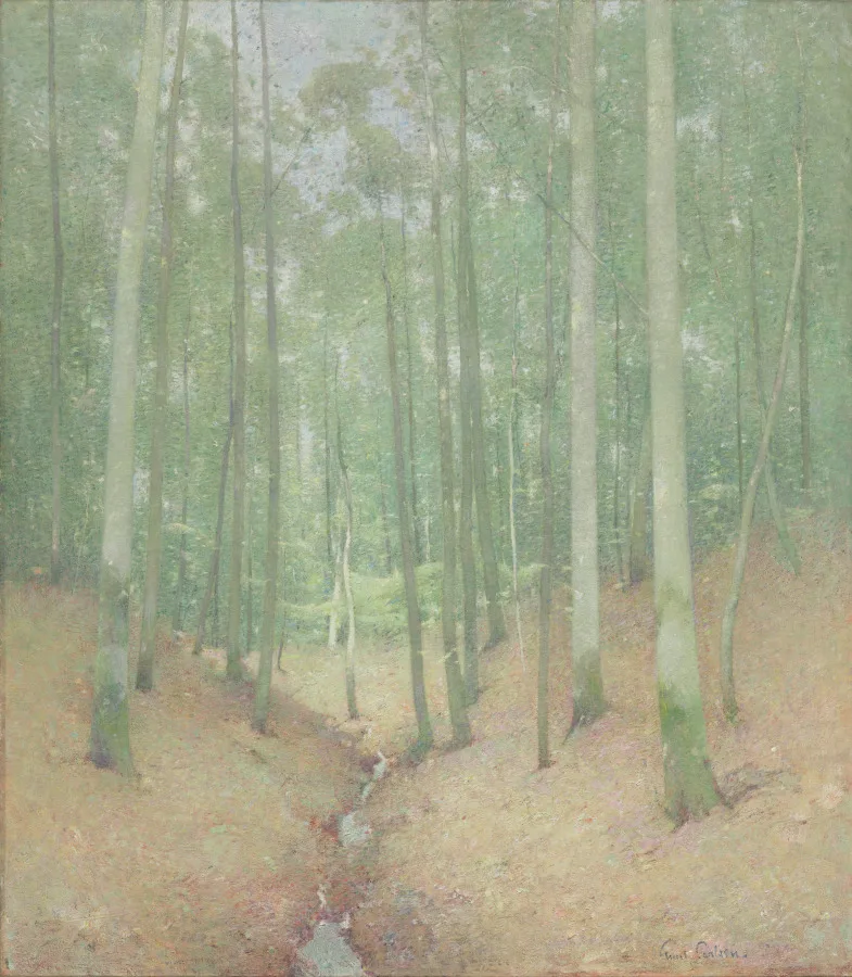 Emil Carlsen, Wood Interior, around 1910, oil on canvas. Cleveland Museum of Art. Carlsen built his reputation on still life, and the same muted tonal control shows up when he turns to a forest.