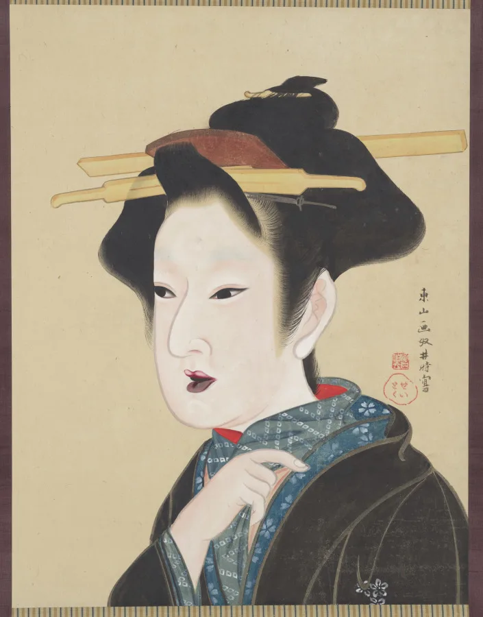 Gion Seitoku, A Beauty, early 1800s, hanging scroll, ink and color on paper. Cleveland Museum of Art. Japanese portraiture of the period describes a type as much as an individual, which Western viewers often misread.
