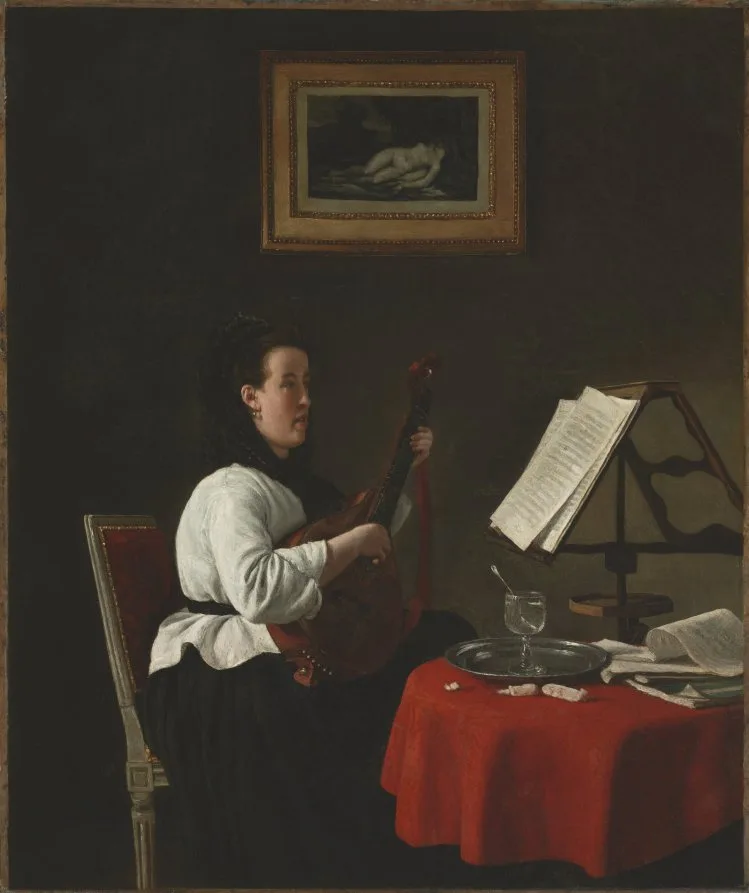 François Bonvin, Young Woman with a Mandolin, Portrait of Louison Köhler, around 1873, oil on fabric. Cleveland Museum of Art. An informal studio portrait that keeps the sitter occupied rather than posed.