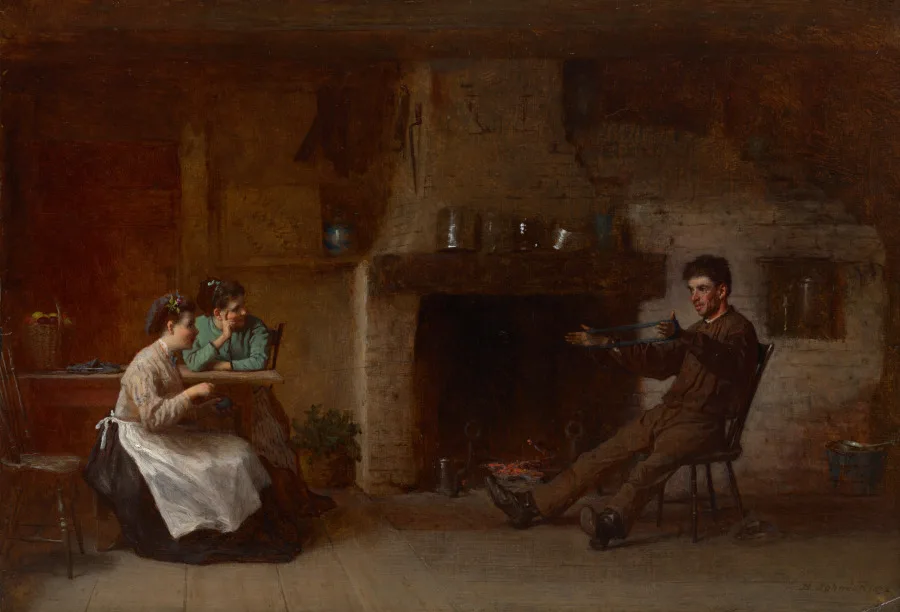 Eastman Johnson, Winding Yarn, 1872, oil on board. Cleveland Museum of Art. A domestic interior handled with the seriousness usually reserved for history painting.