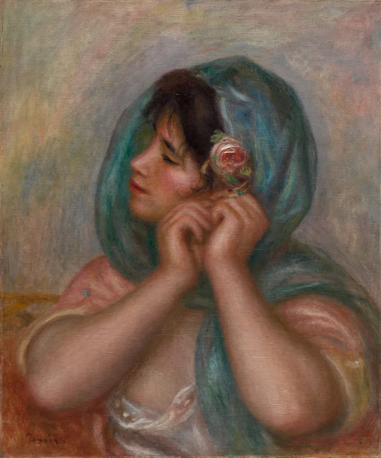 Pierre-Auguste Renoir, Young Woman Arranging Her Earring, 1905, oil on fabric. Cleveland Museum of Art. Late Renoir shows how loose the handling can get while the body still reads clearly.
