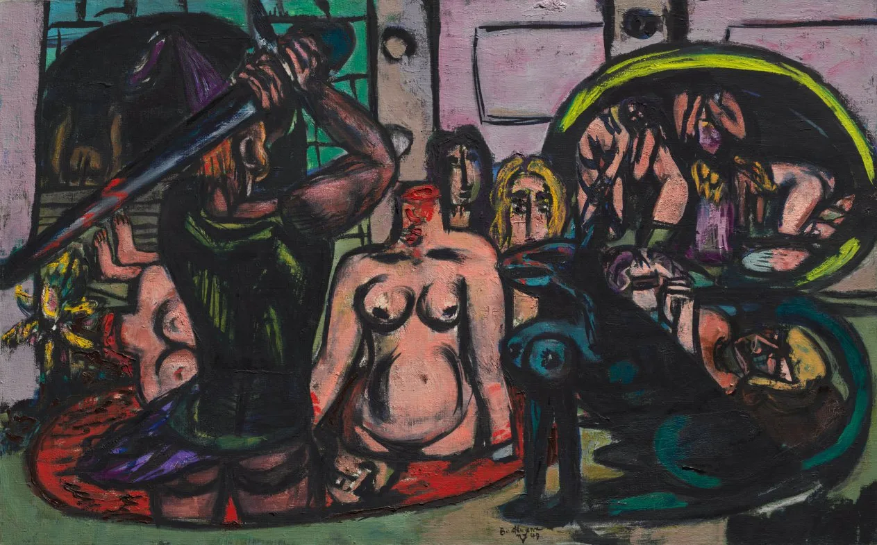 Max Beckmann, Perseus's Last Duty, 1949, oil on canvas. Cleveland Museum of Art. Late Beckmann compresses figures into a shallow space with heavy black contours, a structure many later painters borrowed.