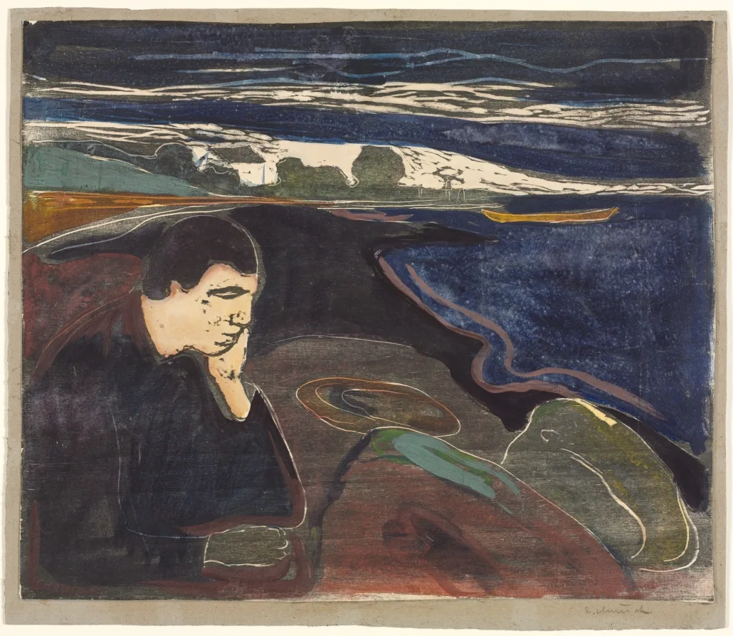 Edvard Munch, Evening, Melancholy I, 1896, hand-colored woodcut. Cleveland Museum of Art. Munch worked the grain of the block into the image, and the German painters took the method directly from him.