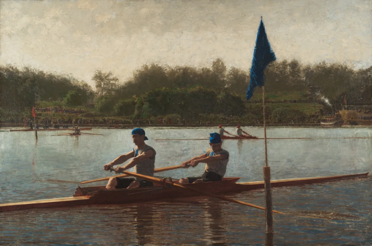 Thomas Eakins, The Biglin Brothers Turning the Stake, 1873, oil on canvas. Cleveland Museum of Art. Eakins worked from photographs and perspective drawings to fix the rowers and their reflections.