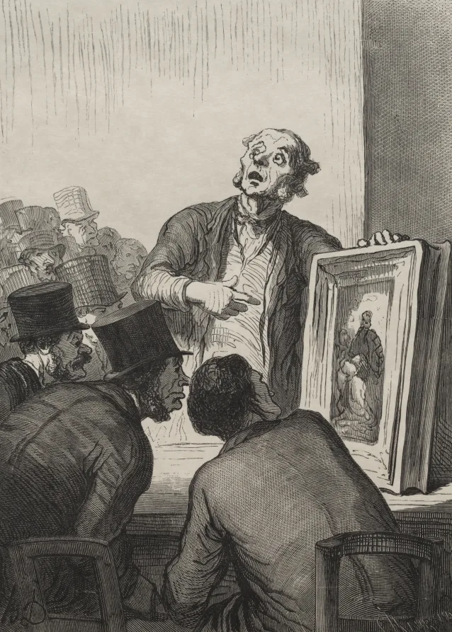 Honoré Daumier, The Auction House: The Expert, 1863, printed 1920, wood engraving. Cleveland Museum of Art. The figure who authenticates a picture before it sells has been part of the trade for centuries.
