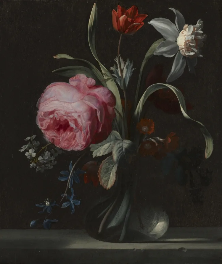 Simon Verelst, Flowers in a Vase, around 1669, oil on wood. Cleveland Museum of Art. Dutch still life painters pursued the same illusion three centuries before photography existed.