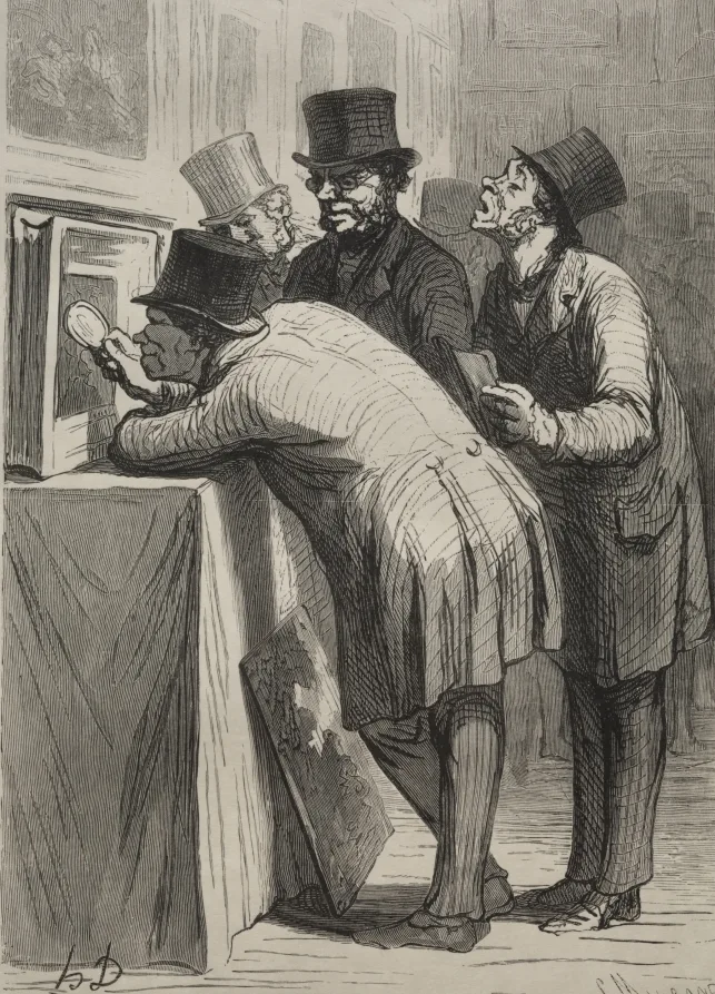 Honoré Daumier, Art Lovers, 1863, printed 1920, wood engraving. Cleveland Museum of Art. Daumier made a long series about collectors, dealers and the rooms where pictures change hands.