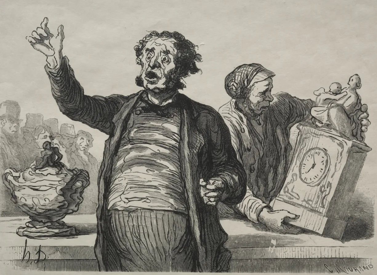 Honoré Daumier, The Auction House: The Town Crier, 1864, printed 1920, wood engraving. Cleveland Museum of Art. Publicity has always been part of how a saleroom builds an audience for what it is offering.