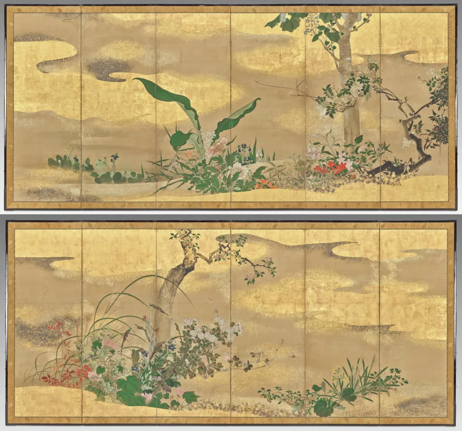 Watanabe Shikō, Flowers and Trees of the Four Seasons, early to mid 1700s, folding screens with ink, color, gold and silver on paper. Cleveland Museum of Art. East Asian painting arranges the same subjects on entirely different principles.